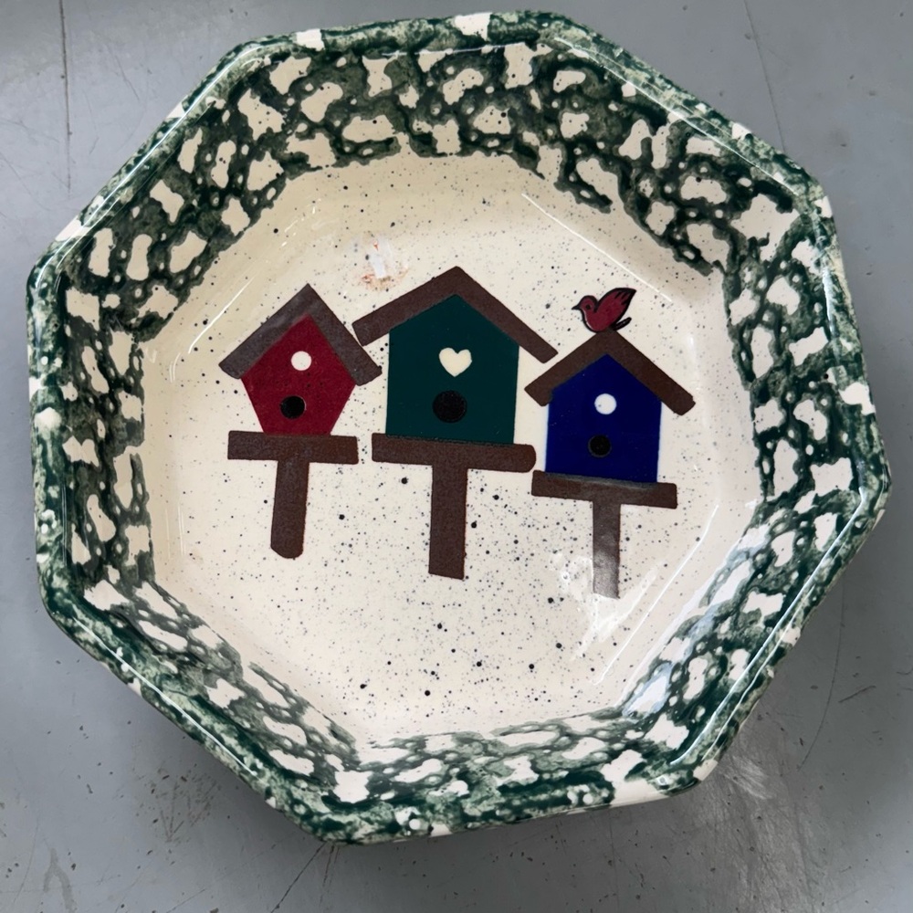 Hand-Painted Ceramic Bowl with a Whimsical Birdhouse Motif in Green and Cream